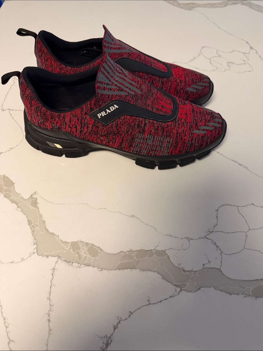 Prada Men’s Slip-On Knit Sneakers — Red/Black
